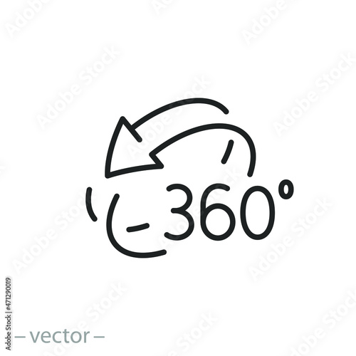 360 degree rotate icon, full arrow circle, 3d view, overview turn, virtual reality, thin line symbol - editable stroke vector illustration
