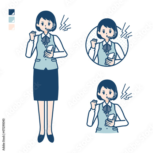 インカムをつけたビジネス女性がスマートフォンを持ち怒っているイラスト