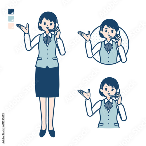 インカムをつけたビジネス女性がスマートフォンで通話しているイラスト