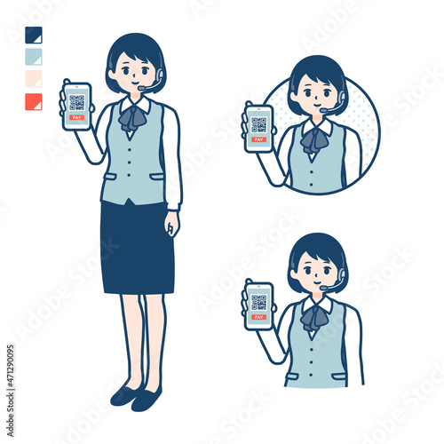 インカムをつけたビジネス女性がスマートフォンでキャッシュレス決済しているイラスト