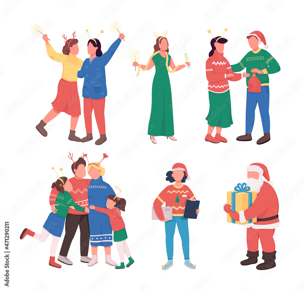 Fototapeta premium Christmas party semi flat color vector character set. Posing figures. Full body people on white. Friends isolated modern cartoon style illustration for graphic design and animation collection