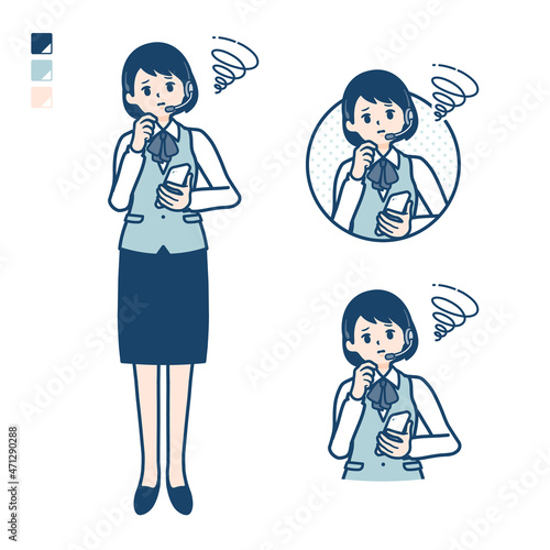 インカムをつけたビジネス女性がスマートフォンを持ち困っているイラスト