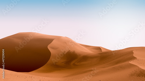 Contrast orange dunes and blue sky. Desert dunes landscape with contrast skies. Minimal abstract background. 3d rendering