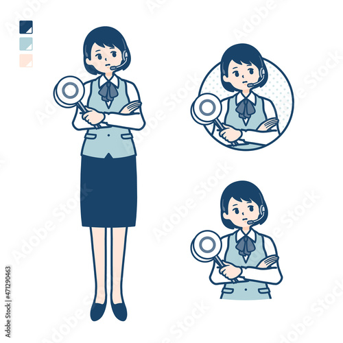 インカムをつけたビジネス女性が回答を考えるイラスト