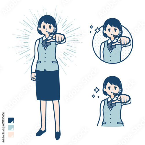インカムをつけたビジネス女性が正面を指差しているイラスト