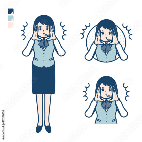 インカムをつけたビジネス女性が大声で警告しているイラスト