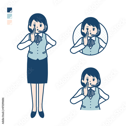 インカムをつけたビジネス女性が小声でささやいているイラスト