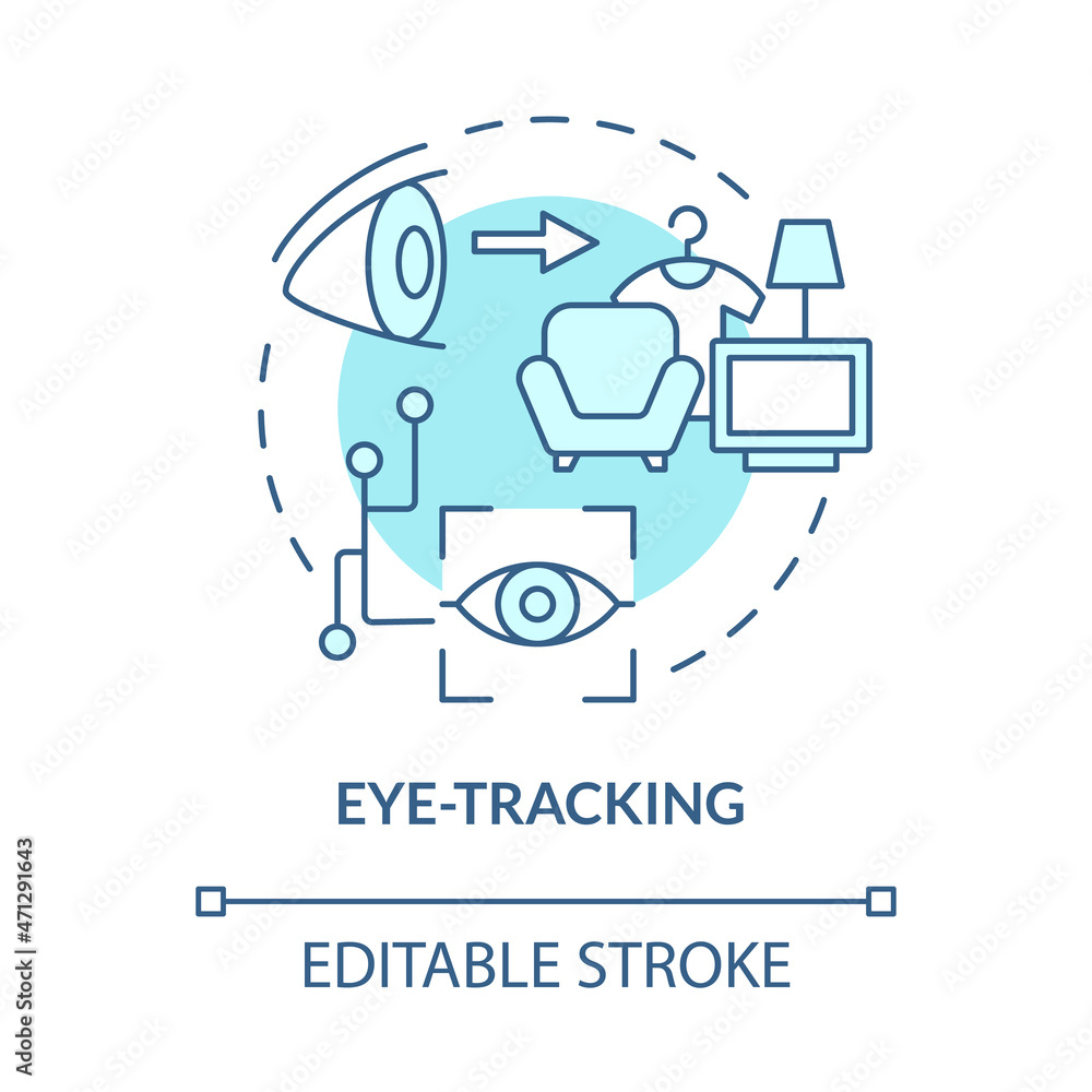 Eye movement detection concept icon. Focus point tracker. Eyetracking. Visual attention analysis abstract idea thin line illustration. Vector isolated outline color drawing. Editable stroke Eye movement detection concept icon. Focus point tracker. Eyetracking. Visual attention analysis abstract idea thin line illustration. Vector isolated outline color drawing. Editable stroke
