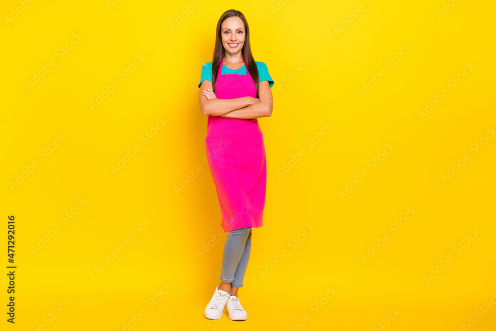 Photo of nice casual barista lady cafe worker folded arms wear pink apron isolated yellow color background Photo of nice casual barista lady cafe worker folded arms wear pink apron isolated yellow color background