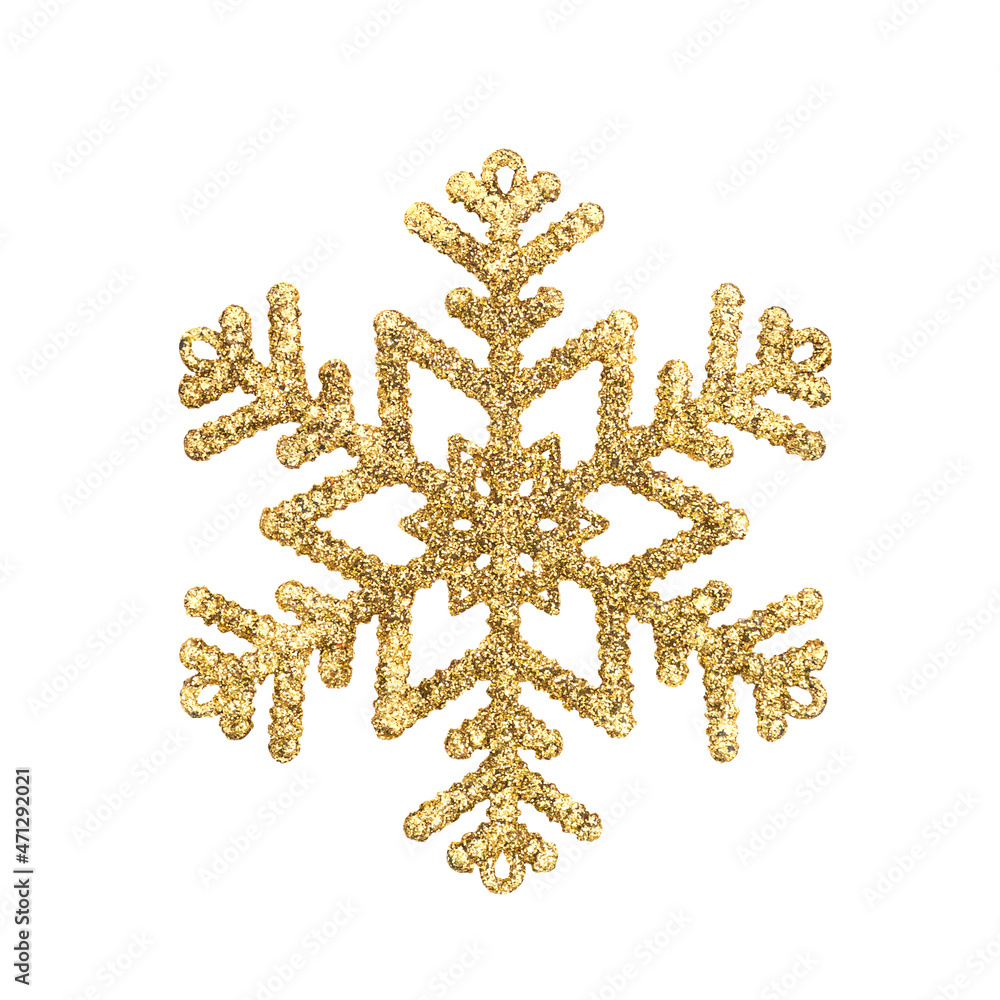 Golden toy snowflake isolated on a white background.