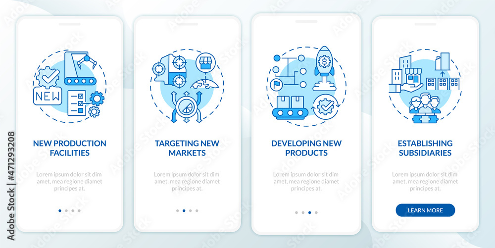 Internal business growth blue onboarding mobile app page screen. Company expansion walkthrough 4 steps graphic instructions with concepts. UI, UX, GUI vector template with linear color illustrations