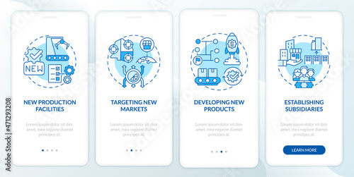 Internal business growth blue onboarding mobile app page screen. Company expansion walkthrough 4 steps graphic instructions with concepts. UI, UX, GUI vector template with linear color illustrations