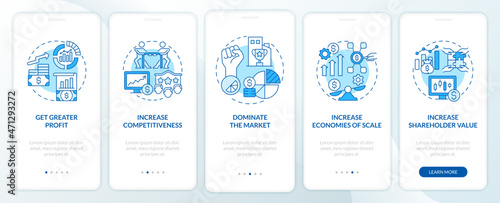 Importance of business expansion blue onboarding mobile app page screen. Walkthrough 5 steps graphic instructions with concepts. UI, UX, GUI vector template with linear color illustrations