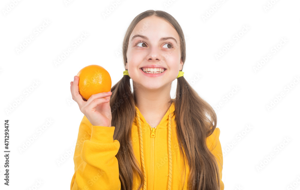 cheerful kid with citrus orange fruit full of vitamins isolated on white, wellbeing cheerful kid with citrus orange fruit full of vitamins isolated on white, wellbeing