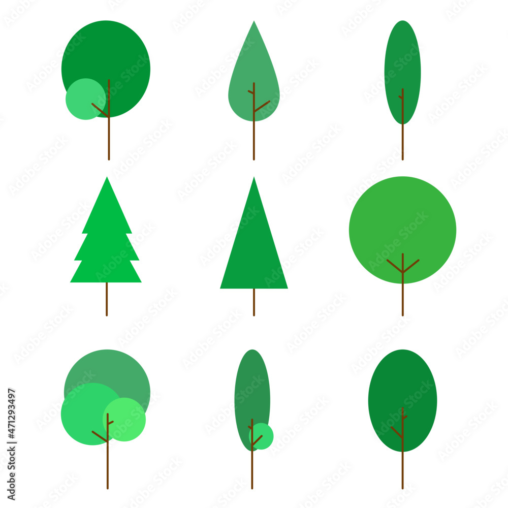green flat tree clusters with shadows nature plants leaves. Isolated on white background. vector illustration