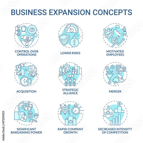 Business expansion blue concept icons set. Company growth and development idea thin line color illustrations. Merger, acquisition. Market competition. Vector isolated outline drawings. Editable stroke