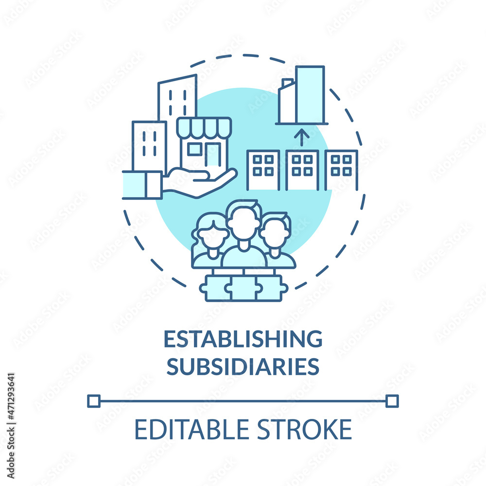 Establishing subsidiaries blue concept icon. Internal business growth abstract idea thin line illustration. Daughter and holding company. Vector isolated outline color drawing. Editable stroke Establishing subsidiaries blue concept icon. Internal business growth abstract idea thin line illustration. Daughter and holding company. Vector isolated outline color drawing. Editable stroke
