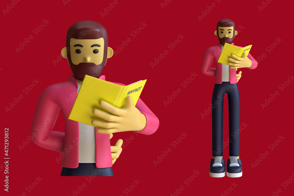 3d illustration male reading book with standup