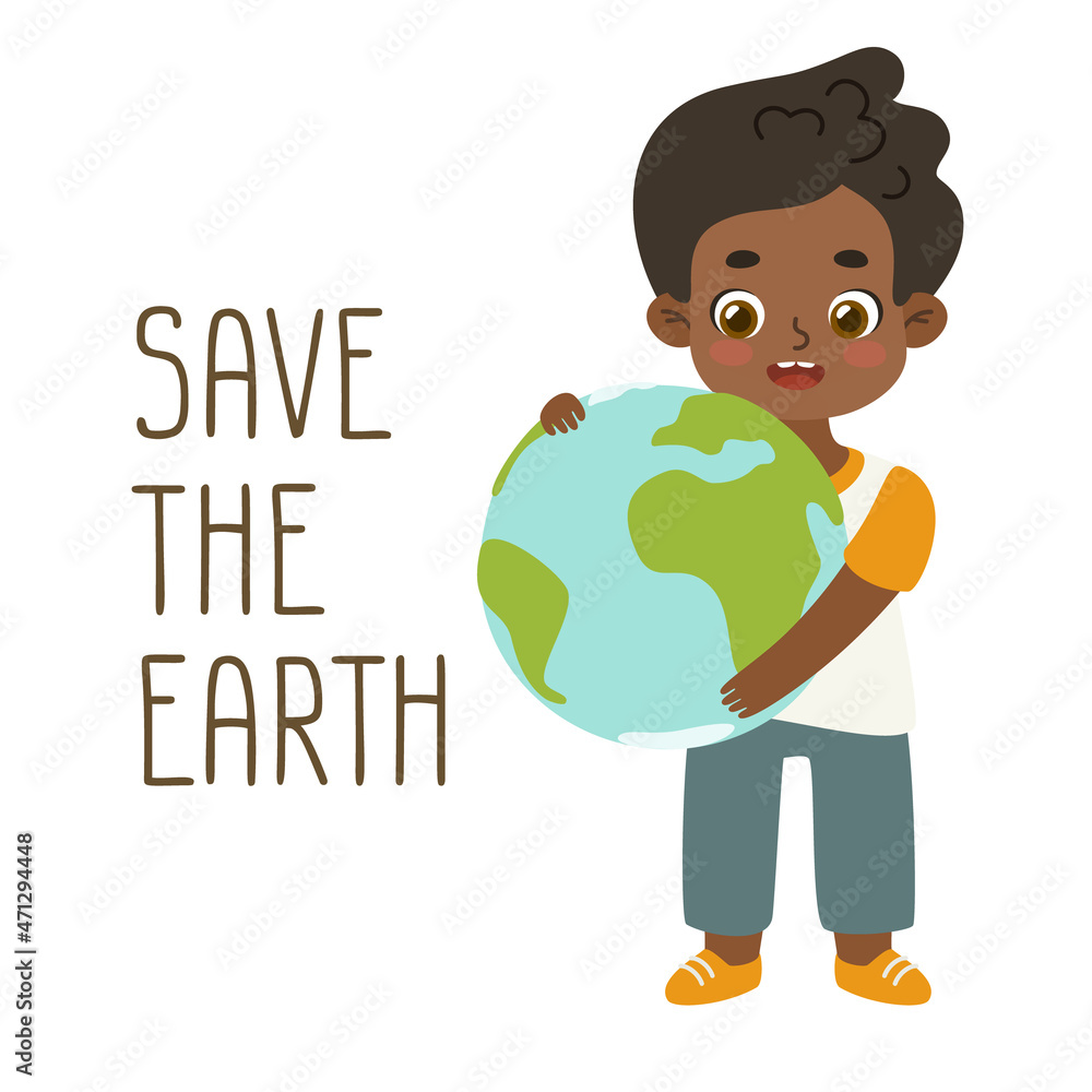African american boy holding the earth globe in his hands. Cartoon child hugging the world. African american boy holding the earth globe in his hands. Cartoon child hugging the world.