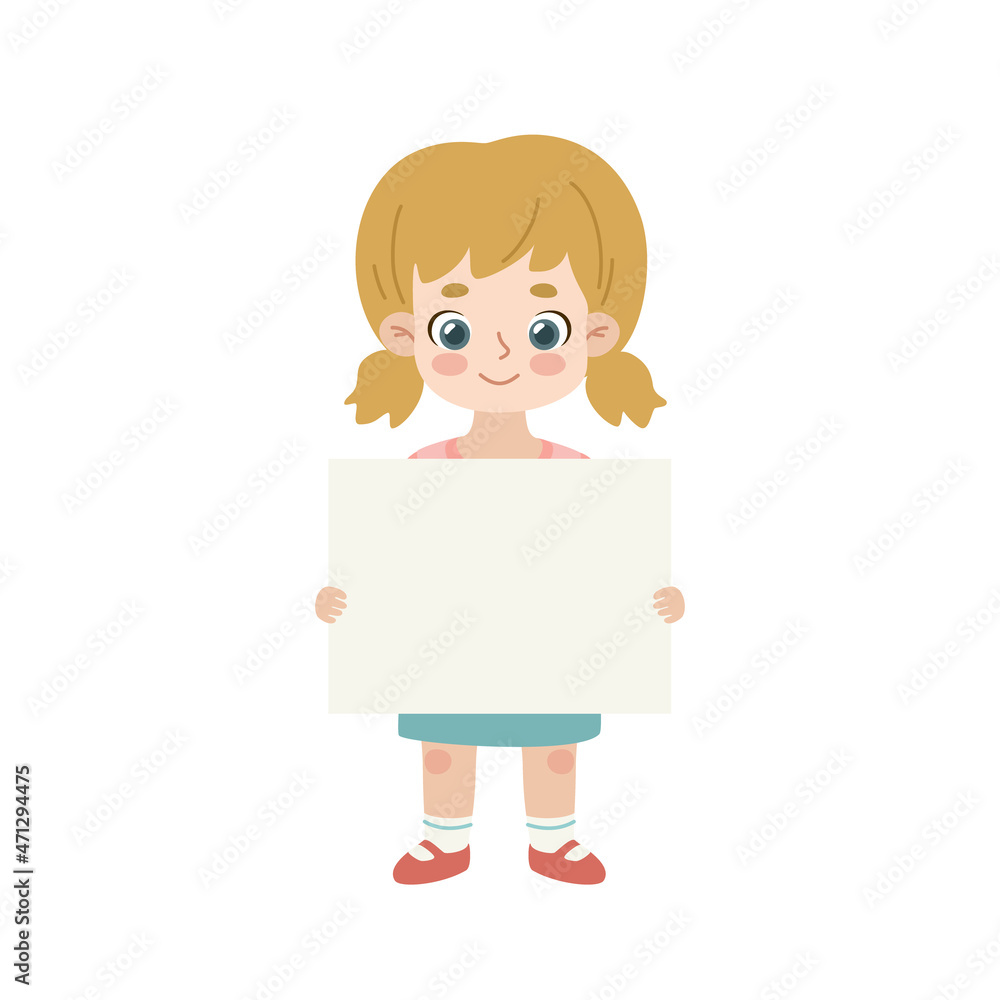Cute blonde girl standing and holding empty banner. Adorable kid showing blank paper placard. Cute blonde girl standing and holding empty banner. Adorable kid showing blank paper placard.