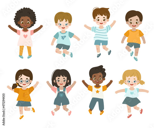 Cute active children jumping. Adorable happy kids dance. Smiling friends classmates having fun.