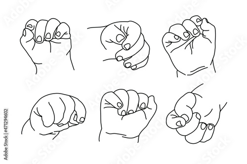 Vector of image of newborn baby's hands. Baby's hands drawn in a linear style. Icons with baby hands. Hand-drawn, hands with different gestures.