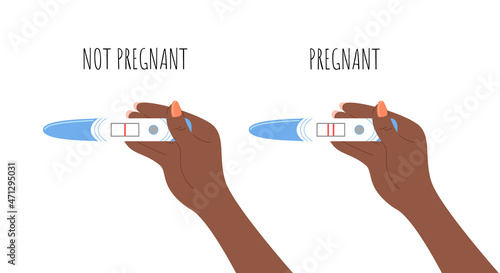 Hands holding positive and negative pregnancy test with one and two stripes. Arms of african american woman top view. Vector flat illustration with text