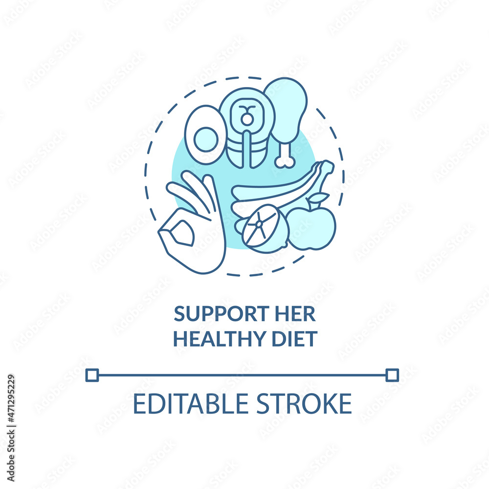 Support her healthy diet blue concept icon. Partner support during pregnancy abstract idea thin line illustration. Nutrient-dense foods. Vector isolated outline color drawing. Editable stroke Support her healthy diet blue concept icon. Partner support during pregnancy abstract idea thin line illustration. Nutrient-dense foods. Vector isolated outline color drawing. Editable stroke