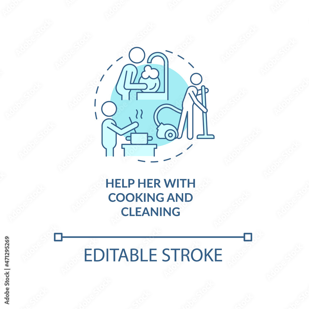 Help her with cooking and cleaning blue concept icon. Support during pregnancy abstract idea thin line illustration. Maintaining clean house. Vector isolated outline color drawing. Editable stroke