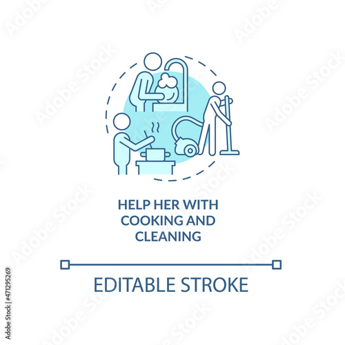 Help her with cooking and cleaning blue concept icon. Support during pregnancy abstract idea thin line illustration. Maintaining clean house. Vector isolated outline color drawing. Editable stroke