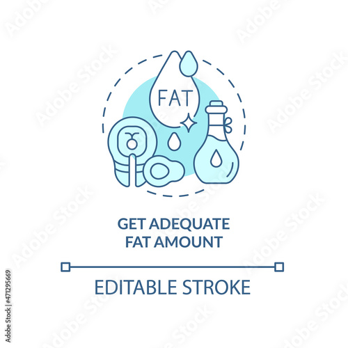 Get adequate fat amount blue concept icon. Pregnancy diet abstract idea thin line illustration. Healthy fat intake. Plant and animal foods. Vector isolated outline color drawing. Editable stroke