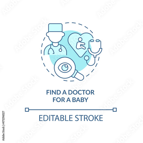 Find doctor for baby blue concept icon. Prepare for newborn arrival abstract idea thin line illustration. Select pediatric specialist. Vector isolated outline color drawing. Editable stroke