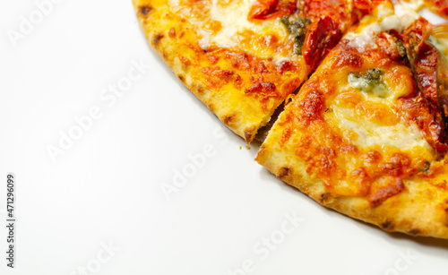 Delicious Neapolitan pizza based on buffalo mozzarella and tomatoes, italian cuisine