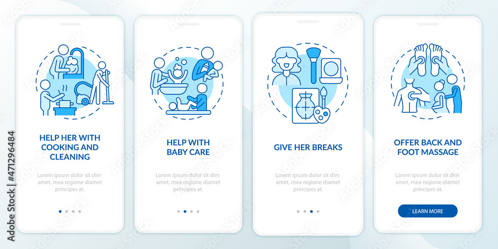 Supporting pregnant partner onboarding mobile app page screen. Help with cooking walkthrough 4 steps graphic instructions with concepts. UI, UX, GUI vector template with linear color illustrations