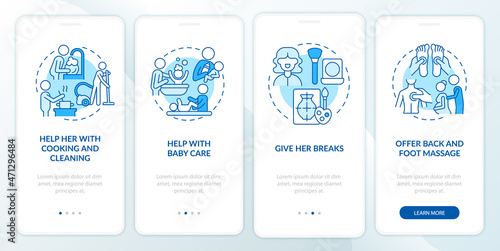 Supporting pregnant partner onboarding mobile app page screen. Help with cooking walkthrough 4 steps graphic instructions with concepts. UI, UX, GUI vector template with linear color illustrations