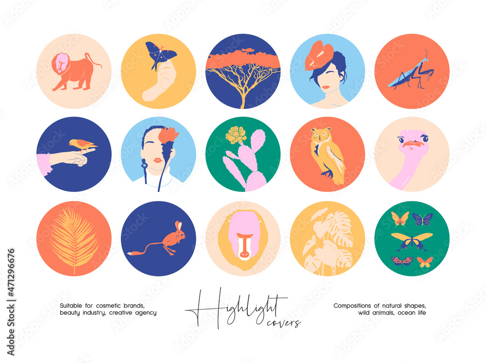 Fototapeta premium Hand drawn collection of abstract colourful illustrations for social media highlight covers