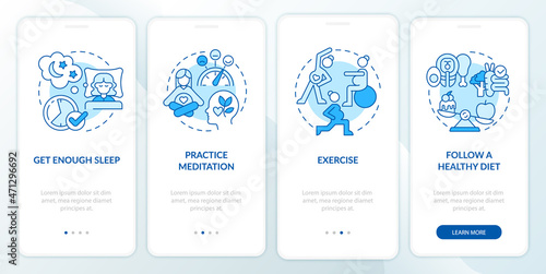 Mental wellbeing during pregnancy onboarding mobile app page screen. Meditation walkthrough 4 steps graphic instructions with concepts. UI, UX, GUI vector template with linear color illustrations
