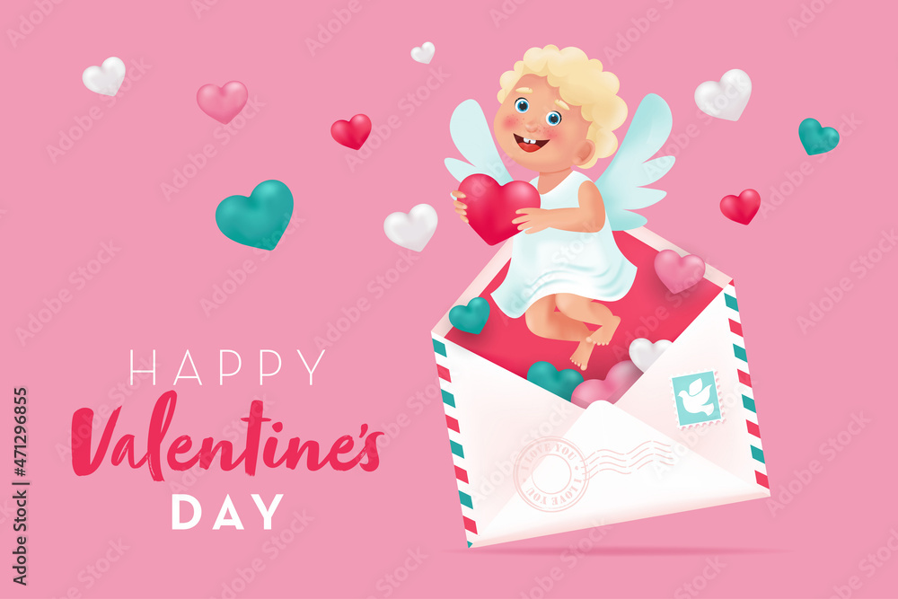 Valentines Day banner template with cute cupid, hearts and envelope. Vector illustration in cartoon 3d style Valentines Day banner template with cute cupid, hearts and envelope. Vector illustration in cartoon 3d style