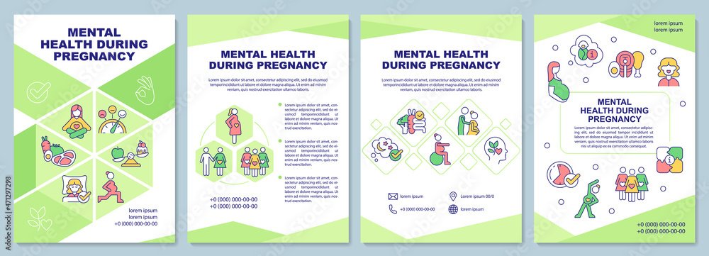 Mental health during pregnancy brochure template. Expecting moms. Flyer, booklet, leaflet print, cover design with linear icons. Vector layouts for presentation, annual reports, advertisement pages - obrazy, fototapety, plakaty 
