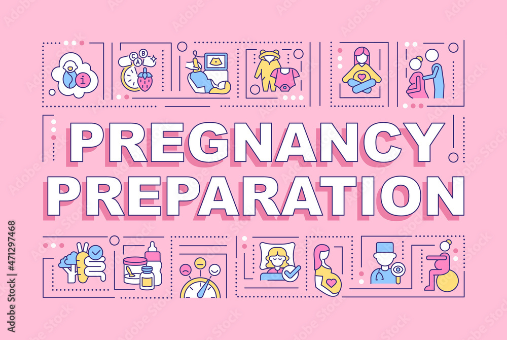 Pregnancy preparation word concepts banner. Baby care classes. Infographics with linear icons on pink background. Isolated creative typography. Vector outline color illustration with text Pregnancy preparation word concepts banner. Baby care classes. Infographics with linear icons on pink background. Isolated creative typography. Vector outline color illustration with text