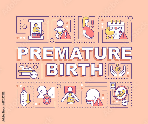Premature birth word concepts banner. Preterm birth complications. Infographics with linear icons on orange background. Isolated creative typography. Vector outline color illustration with text