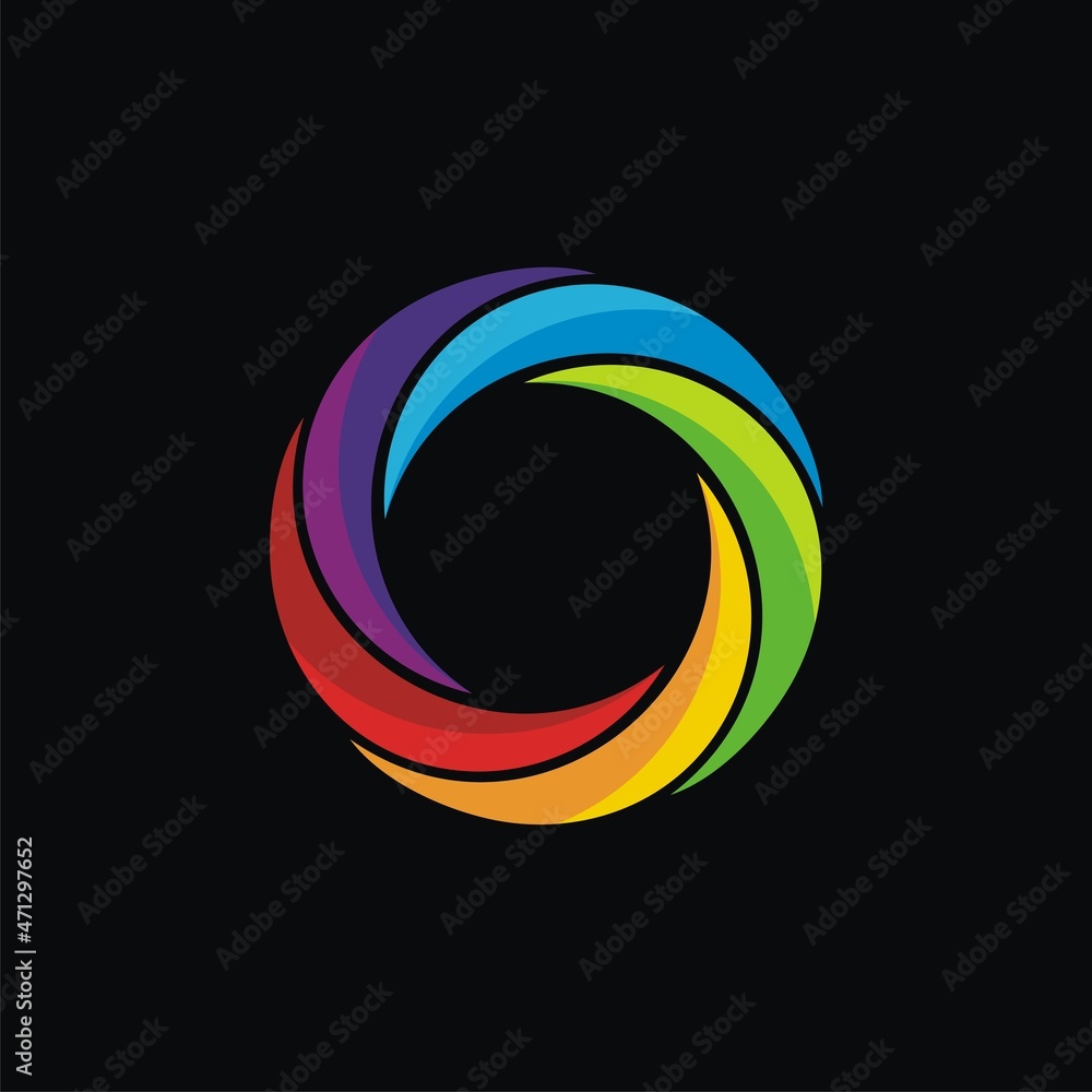 Colored letter o twist style with 5 elements logo design on black background Colored letter o twist style with 5 elements logo design on black background