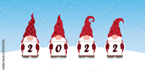 christmas greeting card 2022 with cute christmas dwarf and snowy landscape