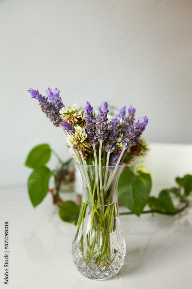 Lavender and clover flowers in a vase on table inside Lavender and clover flowers in a vase on table inside