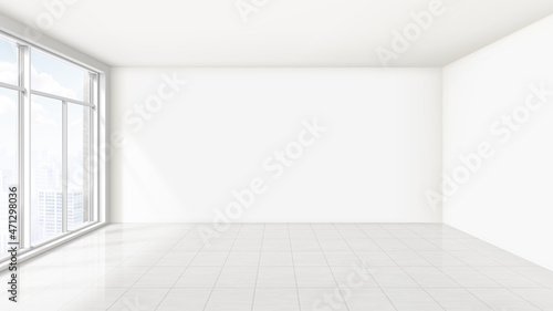Empty Living Room Apartment Modern Interior Vector. Light Home Living Room With Tile Floor, Window And Blank Wall With Ceiling. Real Property Inside Design Template Realistic 3d Illustration