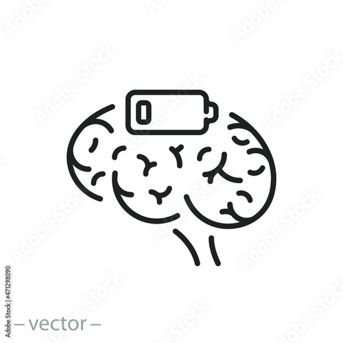 battery brain icon, exhausted or tired, low level energy, fatigue and stress, burnout about work, thin line symbol - editable stroke vector illustration