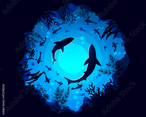 Underwater landscape with marine life. Illustration with the underwater world. Silhouettes of fish. Stock vector illustration.