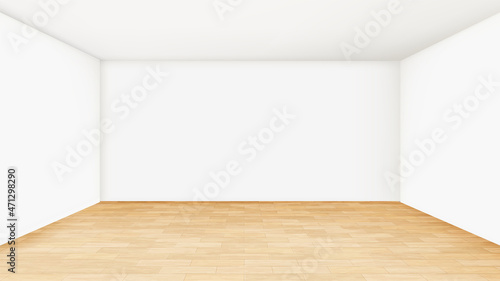 Empty Room Interior For Gallery Exhibition Vector. Showroom Interior With Wooden Parquet Flooring, White Paint Blank Walls And Ceiling. Creative Design Template Realistic 3d Illustration
