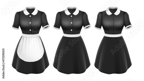 Maid Uniform Elegant Textile Clothes Set Vector. Houseworker Cleaner Profession Different Style Fabric Uniform. Lady Housekeeper Formalwear Dress For Clean Serving Template Realistic 3d Illustrations