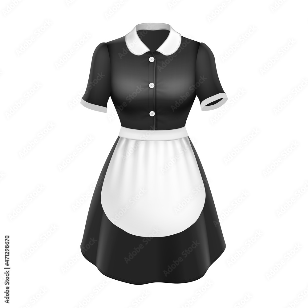 Maid Uniform With Apron Elegant Clothing Vector. Houseworker Cleaner Profession Fabric Uniform. Girl Housekeeper Dress For Cleaning House Or Hotel Template Realistic 3d Illustration